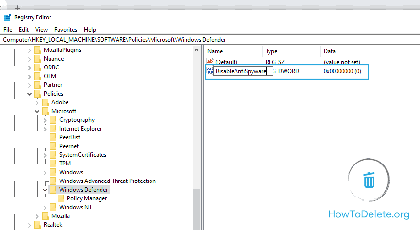 Asigne un nombre al elemento DisableSpyware