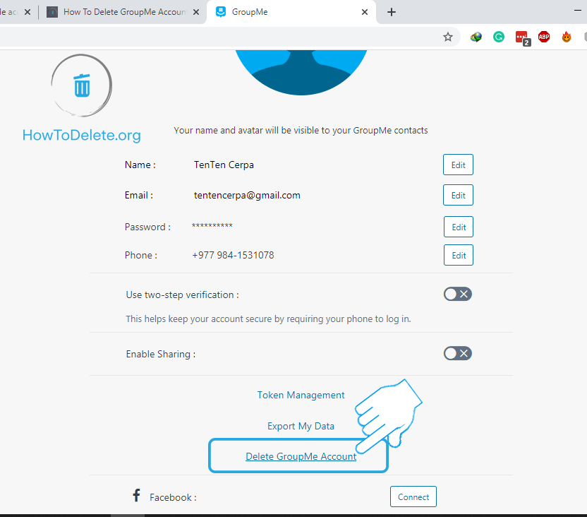 haz clic en Eliminar cuenta de GroupMe
